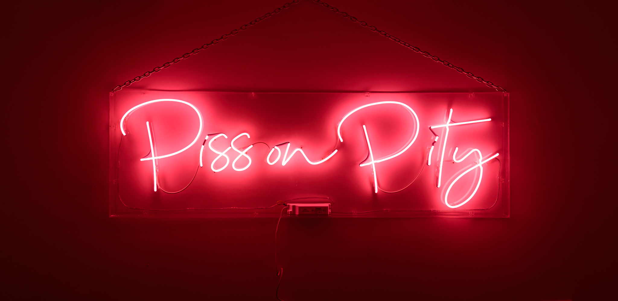 The wording reads on the art work, 'Piss on Pity', - in bright pink neon lights quite flamboyant in a stylised handwritten font. The neon words are framed inside a transparent Perspex box.