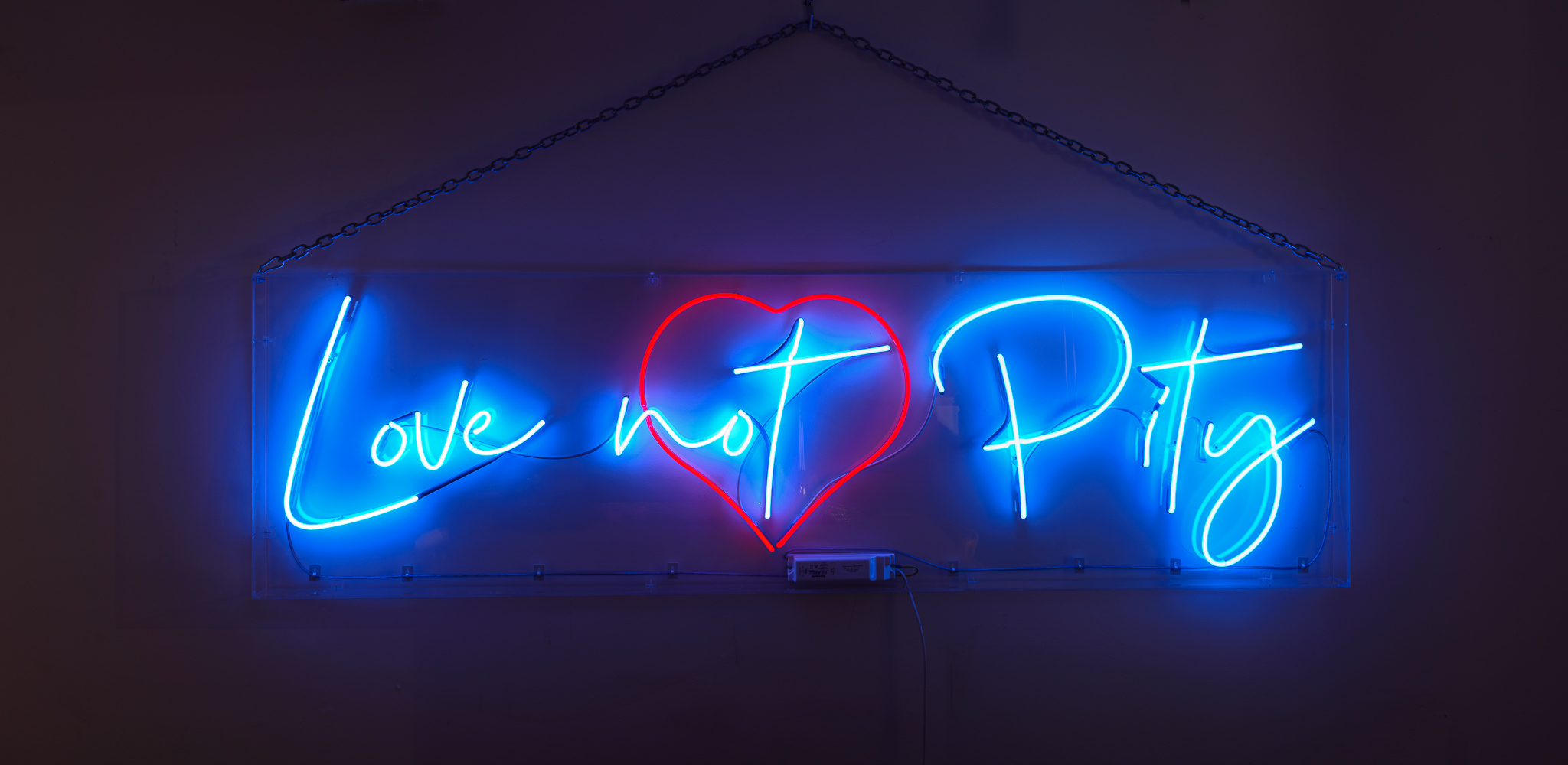 The wording reads on the artwork. 'Love not Pity', - in bright blue lettering and a love heart in red behind the word. All in neon lights in a stylised handwritten font The neon words are framed inside a transparent perspex box.