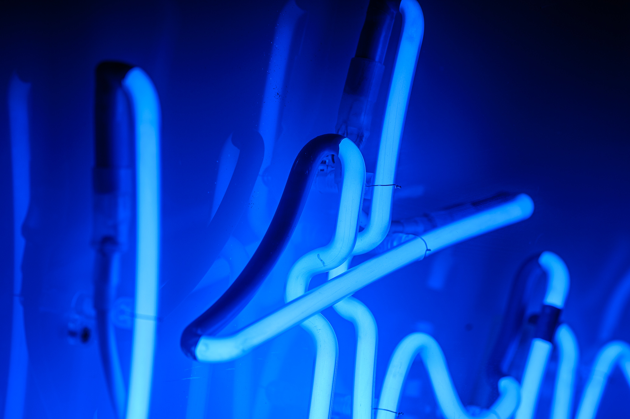 Close up photo of the artwork in dark blue neon lights in a stylised handwritten font The neon words are framed inside a transparent Perspex box. 