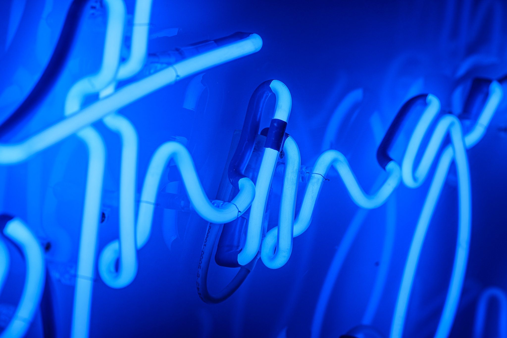 Close up photo of the artwork in dark blue neon lights in a stylised handwritten font The neon words are framed inside a transparent Perspex box. 