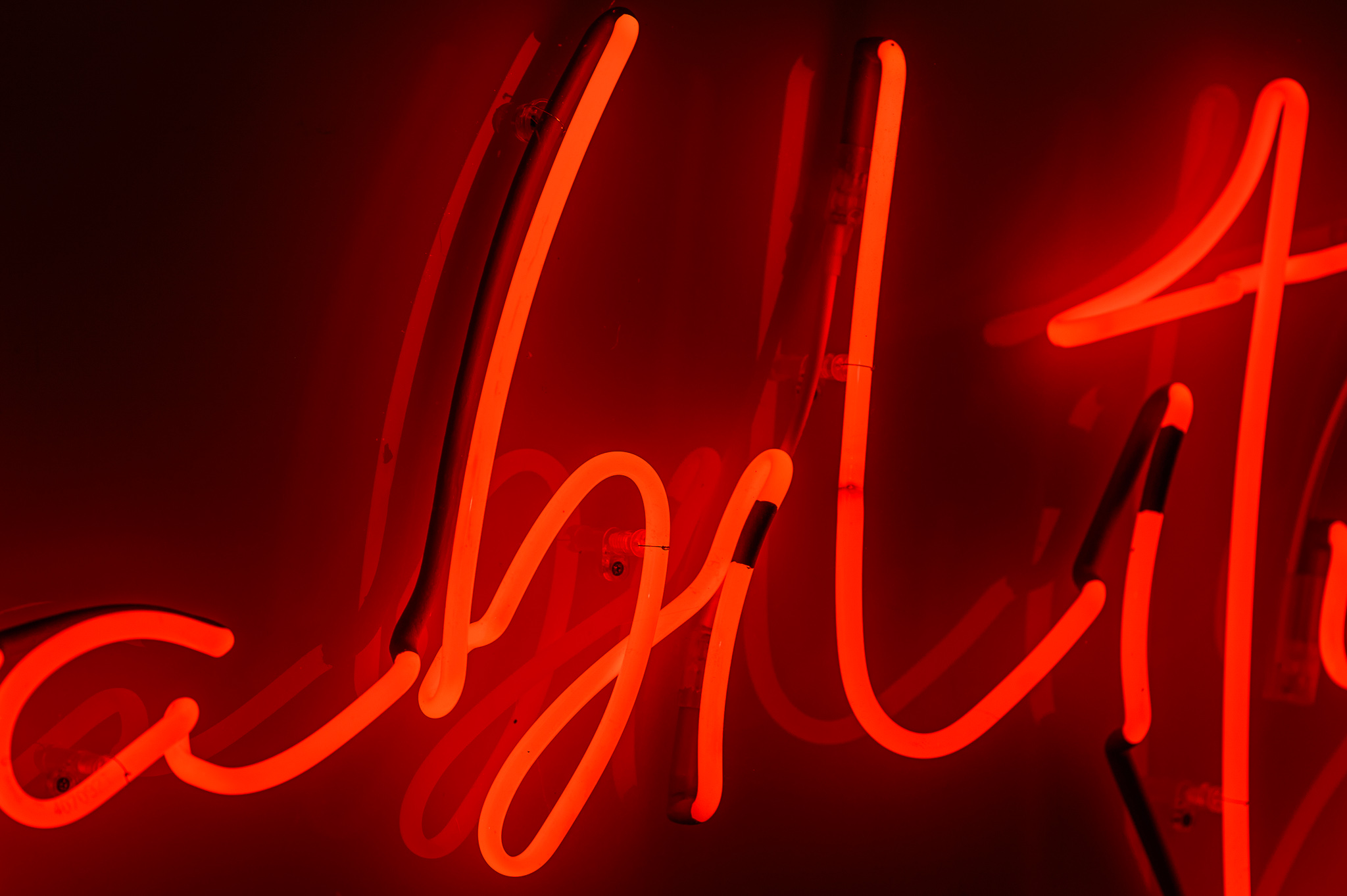 Close up photo of the artwork in pink neon lights in a stylised handwritten font The neon words are framed inside a transparent Perspex box.